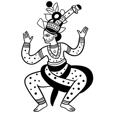 A Kathakali dancer in a traditional pose, adorned in an elaborate costume with intricate patterns and layers. The dancer's face is painted in bold designs, showcasing the dramatic makeup typical of this performance art. The dancer's headdress is large and ornate, decorated with colorful embellishments. The backdrop features stylized elements that reflect the traditional Indian culture associated with Kathakali. The dancer's hands are positioned expressively, emphasizing the storytelling aspect of the performance.