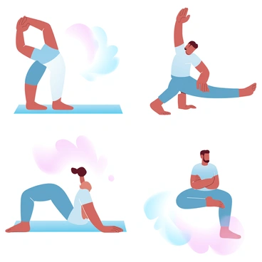A sequence of illustrations depicting men performing warm-up exercises before jelqing. The first illustration shows a man standing upright with his arms raised above his head, stretching his torso to the side. The second illustration features a man sitting on a mat, leaning forward to touch his toes while keeping his legs straight. The third illustration shows a man in a standing position, doing torso twists to warm up his core. The fourth illustration captures a man sitting cross-legged, performing gentle wrist rotations. Each illustration is filled with gradient pastel colors, enhancing the visual appeal of the exercises.