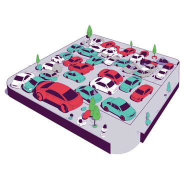 An aerial view shows a large car lot filled with an assortment of vehicles in different colors and sizes. Several rows of cars are organized neatly, with sedans, trucks, and SUVs clearly distinguishable from one another. In the foreground, there is a cluster of vibrant red sports cars, while to the side, a section features teal compact cars. The lot is surrounded by a light gray fence, and there are pathways marked out in white that guide between the rows of vehicles. A few small trees are planted at various points within the lot, providing some greenery amidst the vehicles.