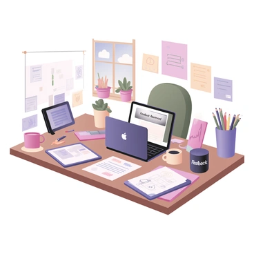A digital flat illustration depicting a cluttered desk of an illustrator. The desk is filled with various art supplies, including colored pencils, sketchbooks, and a tablet. A laptop is open in the center, displaying an email interface with the words "Feedback Received" visible on the screen. The illustrator’s chair is slightly pushed back, and a steaming cup of coffee sits next to the laptop. There are scattered sticky notes with reminders and sketches attached to the desk surface. A window in the background shows a sunny day outside, with a few plants on the window sill.