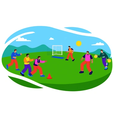 A group of kabaddi players in colorful athletic uniforms practicing various drills on a grassy training field. The players exhibit focused expressions as they engage in different techniques, such as tackling and sprinting. The sun shines brightly overhead, casting defined shadows on the ground, and a few fluffy clouds are visible in the clear blue sky. In the background, a goalpost and some training equipment, like cones and mats, are scattered around the field, adding to the training atmosphere.