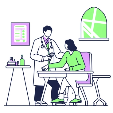 A doctor is standing beside a patient seated on an examination table. The doctor is wearing a white coat and holding a medical instrument, closely examining the patient's arm. The patient appears calm and is looking at the doctor with trust. A stethoscope rests around the doctor’s neck. In the background, a chart on the wall displays medical information, and a small table next to the examination table holds various medical supplies. A window lets in natural light, illuminating the scene.