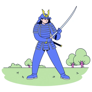 A samurai in full armor, standing poised in a grassy field. The samurai holds a katana with both hands, demonstrating focus and precision. The armor is intricately detailed with patterns, and the helmet features a distinctive crest. The samurai's expression shows determination and calmness while practicing a sword technique. In the background, there are a few distant trees that frame the scene. A gentle breeze causes the grass to sway slightly, enhancing the atmosphere of discipline and concentration.