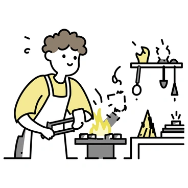A hobbit working diligently at a forge, crafting tools with sparks flying