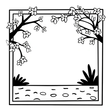 A rectangular frame filled with "cherry blossoms" and "fresh green leaves". The frame surrounds a view of a "pond" with rippling water. There are several "cherry blossom branches" arching over the pond, with petals gently falling onto the surface of the water. The scene includes detailed reflections of the blossoms and leaves in the pond, enhancing the composition.