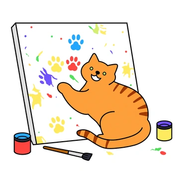 A happy orange cat with bright green eyes is sitting on a large white canvas. The cat has various colorful paint paw prints all over its fur, featuring shades of blue, red, yellow, and purple. It is playfully pawing at the canvas, leaving more colorful prints as it moves. The canvas shows a mix of vibrant splashes and abstract shapes, reflecting the cat's joyful creativity. Nearby, a few paint cans in primary colors are scattered on the ground, and a small paintbrush lies next to them. The scene is lively and filled with a sense of playful artistry.
