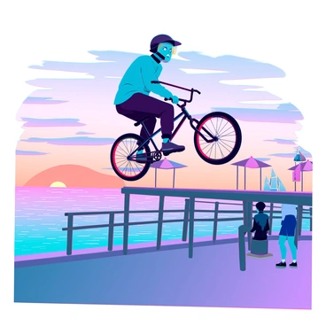 A BMX rider with a helmet and protective gear is focused on performing a trick on his bike. He has a determined expression on his face as he executes a mid-air jump over a wooden railing on the boardwalk. The boardwalk is lined with small, colorful beach umbrellas and a few onlookers watching the performance. The ocean is calm, reflecting hues of orange, purple, and pink from the sunset. The sky is filled with wispy clouds that catch the sunset colors. In the distance, silhouettes of distant sailboats can be seen on the water.