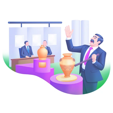 A modern pastel illustration depicting a broker at an auction house. The broker is a middle-aged man wearing a tailored suit, with a look of excitement on his face. He is raising his hand, signaling his bid. In front of him, a beautifully crafted antique vase is displayed on a pedestal, with intricate designs and a warm color palette. Other bidders are seated at tables in the background, each observing the auction eagerly. The auctioneer stands at the front, holding a gavel, ready to announce the next bid. The room is filled with soft, ambient lighting that highlights the details of the scene.