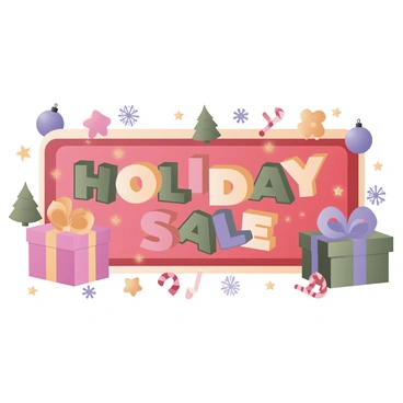 A digital flat illustration of a festive online banner displaying "Holiday Sale" in bold, cheerful lettering. The background is filled with vibrant red and green colors, adorned with various holiday-themed decorations such as snowflakes, ornaments, and twinkling lights. There are illustrated gift boxes stacked on either side of the text, wrapped in colorful paper with large bows. Small icons of Christmas trees and candy canes are scattered throughout the banner, enhancing the festive atmosphere. The overall composition is balanced, inviting, and conveys a sense of celebration.