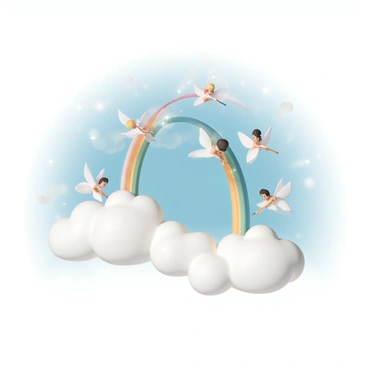 A group of fairies, with delicate, shimmering wings in various colors, are soaring gracefully above fluffy white clouds. Each fairy is holding a brush dipped in vibrant colors, skillfully painting arcs of rainbows in the bright blue sky. The sunlight glints off their wings, creating a sparkle effect, as they move in playful formation. Below them, the clouds seem to glow softly, reflecting the hues of the rainbows being created above.