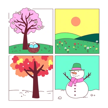 A duotone illustration captures the essence of the four seasons in one cohesive frame. In the top left corner, spring is represented by a blooming tree with pink flowers and a small nest containing blue eggs nestled among the branches. Moving to the top right, summer features a bright yellow sun shining overhead, illuminating a green field dotted with colorful wildflowers. In the bottom left, autumn is shown with a tree shedding orange and red leaves, creating a vibrant carpet of fallen foliage. Finally, in the bottom right corner, winter is illustrated by a white snow-covered ground and a teal snowman adorned with a carrot nose and a pink scarf. The entire frame visually transitions through the seasons, creating a harmonious view of nature's cycle.