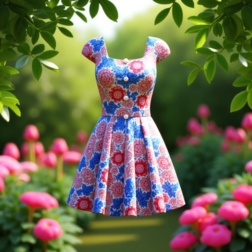 A Zimmermann mini dress featuring intricate floral patterns in vibrant colors. The dress includes pearly buttons that enhance its elegant design. The setting is a lush garden filled with a variety of blooming flowers and green foliage, providing a natural backdrop. Sunlight filters through the leaves, casting gentle shadows on the dress. The dress is displayed gracefully, highlighting its cut and style amidst the vibrant garden scenery.