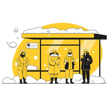A bus stop covered in snow, with a thick layer of snow resting on the roof and accumulating on the ground. Several people are standing nearby, bundled up in winter clothing. One person is wearing a yellow parka with a fur-lined hood, while another is dressed in a black coat with a scarf wrapped around their neck. A third individual has on a yellow beanie and gloves, shivering slightly as they check their watch. Snowflakes are gently falling from the sky, adding to the winter atmosphere. Nearby, a bus sign is partially obscured by the snow, indicating the bus service.