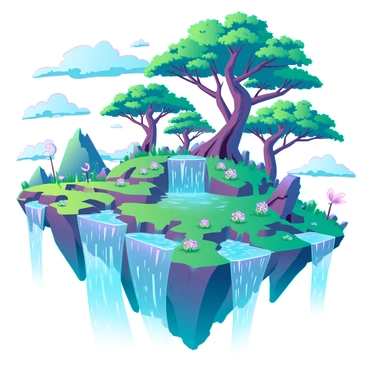A magical floating island with vibrant, lush greenery covering its surface. Towering trees with thick canopies provide shade, while colorful flowers bloom in clusters. Several waterfalls cascade dramatically over the edges of the island, sending sparkling mist into the air. Below the waterfalls, crystal-clear pools reflect the surrounding greenery. The sky above is a brilliant blue, dotted with fluffy white clouds, creating a sense of ethereal beauty. Sunlight filters through the trees, casting dappled light on the ground. Small, luminescent creatures can be seen flitting around the plants, adding to the enchanting atmosphere.