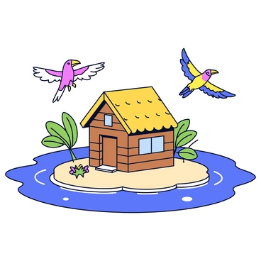 A small wooden house with a thatched roof is situated on a floating island. The house has large windows and a cozy porch. Surrounding the island is sparkling blue water that reflects the sunlight. Tropical birds with vibrant colors are seen flying around the island, adding life to the scene. The island is adorned with lush green plants and flowers, enhancing the tropical feel.