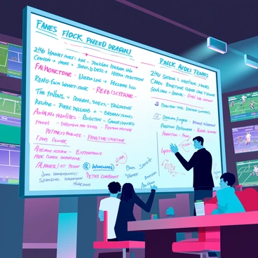 A large whiteboard is mounted on the wall of a bustling sports lounge, filled with detailed "tennis match predictions" and carefully organized "betting strategies." The predictions are written in bold, colorful markers, featuring names of players and their historical statistics. Various diagrams and charts illustrate potential outcomes, with arrows indicating favored players. Below the main content, there are notes scribbled in different handwriting styles, showcasing insights and analyses. The lounge is filled with patrons, some focused on the whiteboard while others engage in animated discussions about upcoming matches. Various screens in the background display live tennis matches, enhancing the vibrant atmosphere.