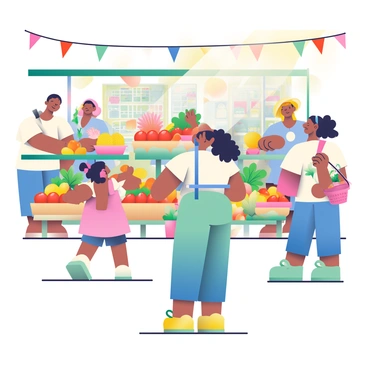 An illustrator with light brown skin and curly black hair is standing in front of an easel, painting a scene of a bustling local farmer's market. The market is filled with colorful stalls displaying a variety of fresh produce, including red tomatoes, yellow corn, and green leafy vegetables. Several customers are interacting with vendors, examining fruits and filling baskets. In the foreground, a little girl with pigtails is reaching for an orange, while a vendor in a straw hat is handing her a basket. Brightly colored banners hang overhead, and the sun casts a warm glow on the lively scene.