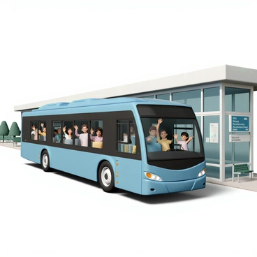 A sleek express bus with a shiny blue exterior is pulling away from a modern terminal building made of glass and steel. The terminal has large windows reflecting the sunlight, and a digital departure board is visible, showing upcoming destinations. Inside the bus, several passengers are waving goodbye from the windows, their faces filled with excitement. Some are smiling and others have their hands raised, while their belongings are neatly stored in the overhead compartments. The surrounding area has a few trees and benches, indicating a busy transportation hub.