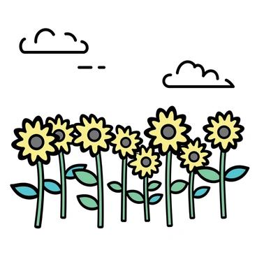 A sunny field, featuring numerous tall sunflowers with bright yellow petals and green stems, swaying gently in a light breeze. The sky above is clear with a few fluffy white clouds, and the sunlight casts soft shadows on the ground. The sunflowers are arranged in neat rows, creating a vibrant and cheerful landscape.