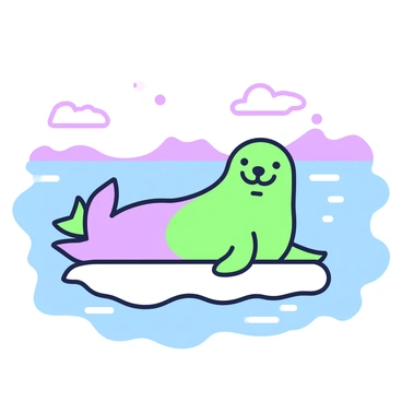 A playful seal is lying on an ice floe, its body relaxed and its flippers slightly extended. The seal has a smooth, rounded body and a cheerful expression, with its whiskers visible. The ice floe is surrounded by shimmering water, reflecting the light. In the background, the endless tundra sea stretches out, merging seamlessly with the horizon. The surface of the water shows small ripples, and the sky above is clear with a hint of distant clouds.