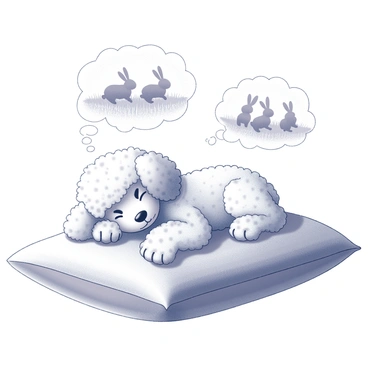A poodle dreaming of chasing rabbits while napping on a soft pillow
