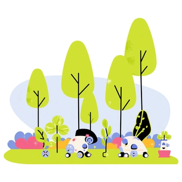 A vibrant landscape featuring tall "solar trees" with broad, leafy canopies absorbing sunlight. The trees are designed with sleek solar panels integrated into their trunks. In the foreground, several "automated gardening robots" are actively tending to colorful flower beds and neatly trimmed bushes. These robots have friendly, rounded shapes and small wheels, showcasing their capabilities as they water plants and trim leaves. The background includes a clear blue sky, enhancing the lively atmosphere of this futuristic garden scene.