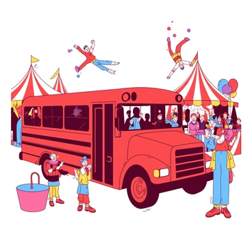 A red magic school bus is parked in the center of a bustling circus arena. Brightly colored clowns with oversized shoes and vibrant outfits are entertaining the crowd with their antics. One clown is juggling brightly colored balls while another is making balloon animals. In the background, acrobats are performing breathtaking stunts high above the ground, flipping and twirling gracefully through the air. Colorful circus tents surround the bus, and spectators are clapping and laughing, filled with excitement. The scene is lively and full of energy, capturing the essence of a circus day.