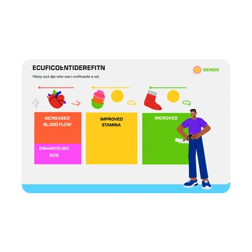A colorful chart displaying various health benefits attributed to jelqing exercises. The chart includes labeled sections with bullet points highlighting benefits such as "Increased blood flow," "Improved stamina," and "Enhanced size." Each section features simple, vibrant icons representing the benefits, like a heart for increased blood flow and a muscle for improved stamina. The background of the chart is a light gradient, and the text is bold and easy to read, with each benefit appearing in a different bright color.