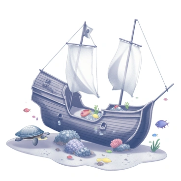 A group of tropical fish is swimming gracefully around a partially submerged pirate ship wreck. The ship features tattered sails that hang limply in the water and weathered wooden planks that are encrusted with barnacles. Coral formations grow on the remains of the ship, providing vibrant homes for the fish. Schools of colorful fish weave in and out of the ship's openings, while a large sea turtle glides nearby, observing the scene. Sunlight filters through the water, casting intricate patterns on the sandy seabed below.