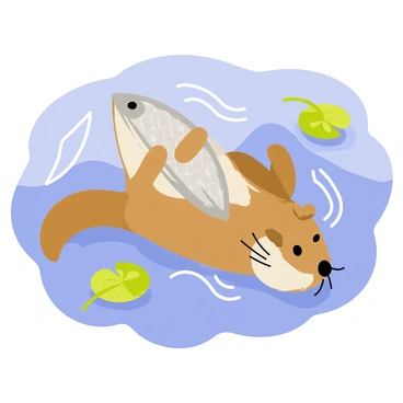 An otter floating on its back in a clear blue river, holding a freshly caught fish in its paws. The otter has soft, brown fur with lighter underbelly fur, and its whiskers are prominently visible. The fish is silver with glistening scales. Surrounding the otter, there are small ripples in the water, and a few lily pads with vibrant green leaves are drifting nearby. Sunlight reflects off the water, creating a lively atmosphere.