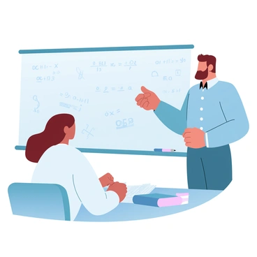 A tutor is standing next to a large chalkboard filled with various math equations and diagrams. The tutor is wearing a button-up shirt and holding a piece of chalk, demonstrating a problem. A student is seated at a desk, looking attentively at the chalkboard while taking notes with a pencil on paper. The atmosphere shows a focused study session, with a few math books open on the desk beside the student.