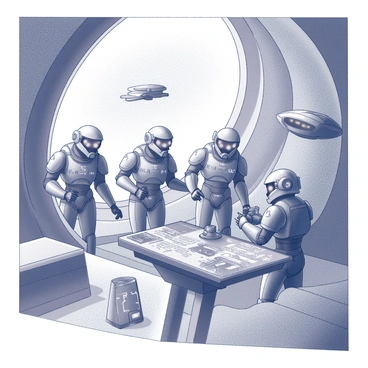 A group of space marines carefully navigating the interior of an alien spaceship. They are dressed in futuristic armor, equipped with helmets that have visors reflecting faint, eerie lights from the surroundings. The environment is filled with strange, otherworldly machinery, featuring intricate designs and glowing symbols. Various alien devices are scattered throughout the space, some hovering slightly above the ground. The marines are examining a console with alien writing, while others are scanning the area with advanced equipment. The walls of the ship are curved and metallic, exhibiting an unfamiliar texture and structure.
