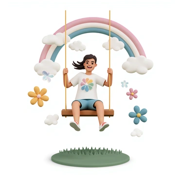 An adult, wearing a colorful t-shirt and denim shorts, is joyfully swinging on a large wooden swing. Their hair flows in the breeze as they smile broadly. Surrounding them, there are various whimsical elements, such as oversized flowers with vibrant colors, cartoonish butterflies fluttering around, and playful, fluffy clouds in the sky. A rainbow arcs in the background, adding to the cheerful atmosphere. The setting is a lush green park with soft grass beneath the swing, enhancing the sense of carefree joy.