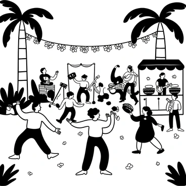 A group of dancers in traditional attire performing in a vibrant outdoor setting, surrounded by large cacao trees. The dancers are in motion, with their arms outstretched and colorful garments flowing around them. A band of musicians is positioned nearby, playing various instruments that include drums and flutes. In the background, stalls decorated with cacao plants display chocolate treats and local delicacies. Banners and streamers hang above, adding to the festive atmosphere. The ground is covered in leaves and flower petals, enhancing the lively scene.