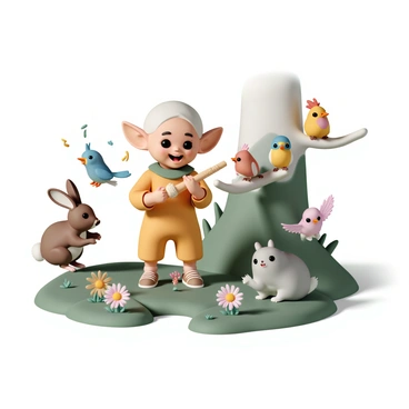 A small house-elf with large ears and bright eyes, named "Dobby," is holding a tiny, intricately carved wooden flute. He is smiling widely as he plays the flute, surrounded by a variety of woodland creatures. To his left, a fluffy brown rabbit is hopping joyfully, while a small grey squirrel claps its paws together in rhythm. A group of colorful birds, perched on branches nearby, are flapping their wings and chirping along to the melody. The forest floor is covered with green moss and vibrant wildflowers, creating a cheerful atmosphere. Sunlight filters through the trees, casting soft shadows around the scene.