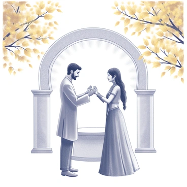 A couple is engaged in a varmala exchange during a wedding ceremony. They are standing in front of a beautifully adorned altar. The scene is framed by trees with foliage displaying various shades of yellow and brown autumn leaves. The couple is wearing traditional attire, with intricate embellishments. The atmosphere conveys a sense of celebration and togetherness.