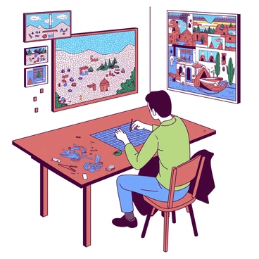 An artist is seated at a wooden workbench, carefully placing colorful tiles to create a detailed mosaic piece. The mosaic depicts various Jordanian cultural scenes, including traditional Bedouin tents, ancient ruins, and bustling market scenes. The artist is using vibrant blue and red tiles, with intricate patterns representing local motifs. Scattered around the bench are tools like tweezers and a small hammer, and completed sections of the mosaic are displayed on the wall behind the artist.