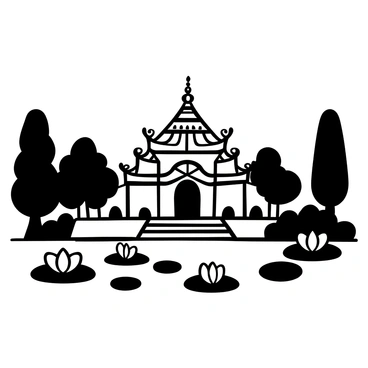 A Buddhist temple with intricate architectural details stands prominently in the center. The temple features tiered roofs and ornate carvings. Surrounding the temple are lush greenery, including tall trees and dense shrubs. Several lotus ponds are visible, with large lotus flowers floating on the water's surface. The scene is tranquil and harmonious, inviting a sense of calm and reflection.