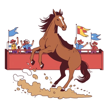 A brown bucking horse with a white star on its forehead is kicking up clouds of dust in a lively rodeo arena. The horse's mane is flowing wildly, and its hooves are striking the ground forcefully, sending up puffs of dirt. In the background, there are several spectators wearing colorful hats, cheering with excitement. Lively banners flutter in the breeze around the arena, adding to the energetic atmosphere. The sunlight casts sharp shadows, emphasizing the powerful muscles of the horse.