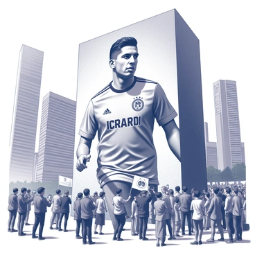 A large mural depicting "Icardi" is painted on the side of a bustling city building. The mural showcases a detailed and striking portrayal of the athlete, capturing his likeness and athleticism. Surrounding the mural, a diverse crowd of fans is gathered, expressing their excitement and support. Some fans hold banners and flags with "Icardi's" name and number, while others are taking photos with their phones. The cityscape features tall buildings, with a clear sky above and the hustle and bustle of urban life in the background.