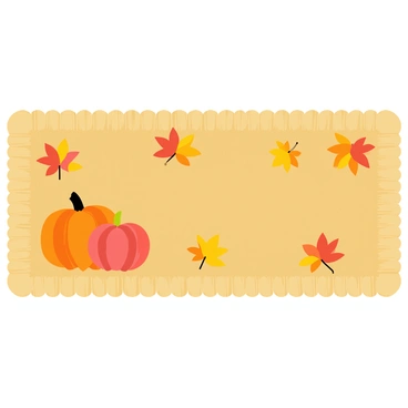 A rectangular doormat featuring a warm brown background. The doormat is decorated with vibrant orange and yellow autumn leaves scattered across the surface. There are several plump, orange pumpkins positioned around the leaves, with varying sizes and shapes. The edges of the doormat have a woven texture that adds detail to the overall design.