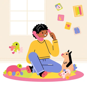 A young child with curly hair is sitting on a colorful rug, holding a bright red toy phone to their ear. The child has a cheerful expression, as if deeply engaged in a conversation. Surrounding the child are various plush toys scattered around, creating a playful atmosphere. The room is decorated with colorful posters on the walls, adding to the lively environment. The sunlight filters in through a nearby window, casting a warm glow over the scene.
