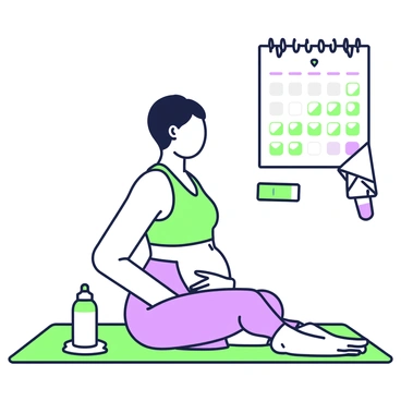 A person is sitting on a yoga mat in a brightly lit room, focusing on performing Kegel exercises. They are wearing athletic clothing, including a fitted tank top and comfortable leggings. To their right, there is a wall-mounted calendar prominently displayed, with several days marked with a green checkmark indicating a successful completion of the exercises. The person is concentrating, with one hand resting on their abdomen to feel the contractions, while their gaze is directed at the calendar for motivation. A water bottle and a small towel are placed nearby for convenience.