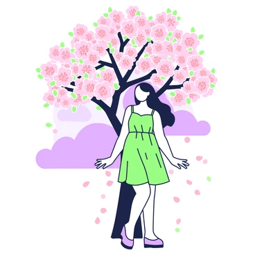 A woman is standing under a cherry blossom tree adorned with pink flowers. She has long, flowing hair and is wearing a light sundress. The tree's branches are heavy with blossoms, creating a canopy above her. Petals are softly falling around her, creating a gentle shower of flowers. The background reveals a blue sky with a few fluffy clouds, enhancing the springtime atmosphere.