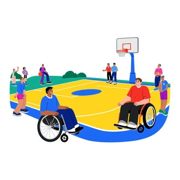 Players in wheelchairs are positioned at the center of a basketball court, each one focused and ready for the game tip-off. The court is marked with bright, contrasting lines, and the hoop shines at the end of the court. One player wears a blue jersey, while another is in red, showcasing their team colors. The players' expressions reflect determination and excitement. Spectators can be seen in the background, eagerly awaiting the game to begin.