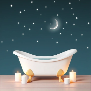 A bathtub set under a clear night sky full of stars and a crescent moon