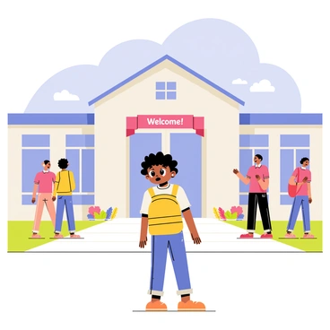 A nervous child standing at the entrance of a new school building. The child has curly black hair and is wearing a bright yellow backpack. Tears are streaming down their cheeks, and their wide eyes reflect anxiety. The school entrance features large glass doors, a banner reading "Welcome!" hanging above, and colorful flowerbeds lining the pathway. Other students can be seen in the background, walking and chatting, while the sky is a soft blue with fluffy white clouds.