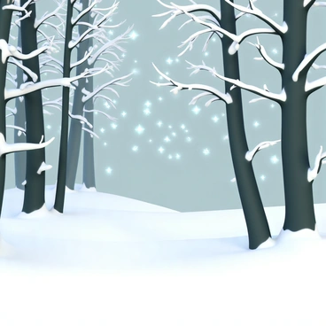 A snowy woodland scene featuring tall, slender trees with frosted branches weighed down by fresh, white snow. The ground is blanketed in a thick layer of snow, creating a soft, serene landscape. Among the trees, "star spren" are visible, twinkling with bright, shimmering lights, contrasting against the dark bark of the trees. The atmosphere is crisp and tranquil, illuminated by the soft glow of the star spren scattered throughout the scene, creating a magical ambiance in the snowy woodland.