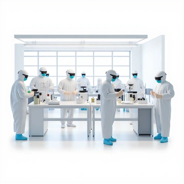 A bright and sterile cleanroom with white walls and seamless flooring. The room is well-lit with overhead lights creating an immaculate glow. Several researchers are present, each wearing full protective gear, including white coveralls, face masks, gloves, and goggles. They are engaged in various tasks, such as handling samples on a clean workstation, using advanced laboratory equipment, and making notes on digital tablets. The atmosphere conveys a sense of meticulous precision and focus.