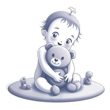 A baby girl seated on a soft rug. She is hugging a teddy bear tightly to her chest with her arms. The teddy bear has large, round eyes and a stitched smile, emphasizing its appeal. The baby's hair is styled in fine strands, and she has an expression of joy on her face. Around her, there are a few scattered toys, adding to the playful atmosphere of the scene. The texture of the rug appears plush and inviting, enhancing the cozy setting.